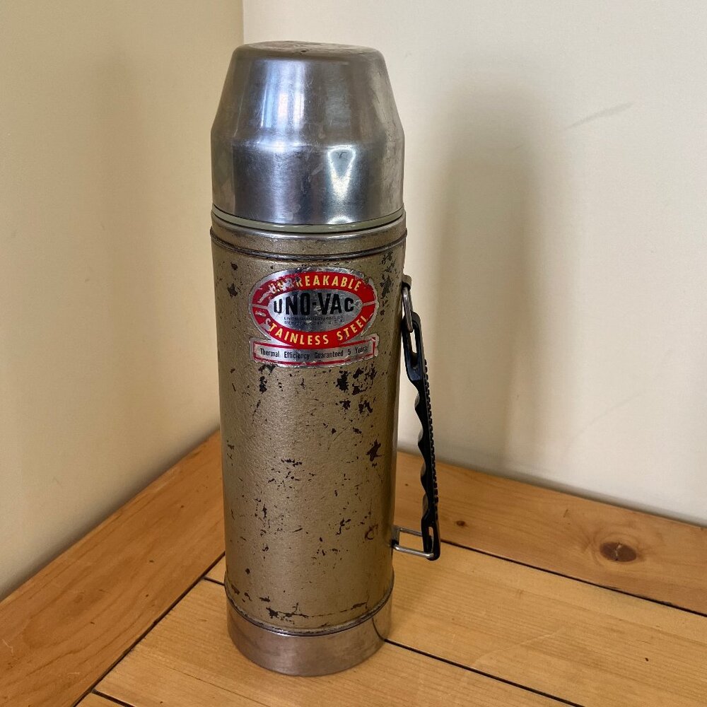 Uno Vac Coated Stainless Steel Thermos Lg 32oz DAMAGED Vintage Industrial Look